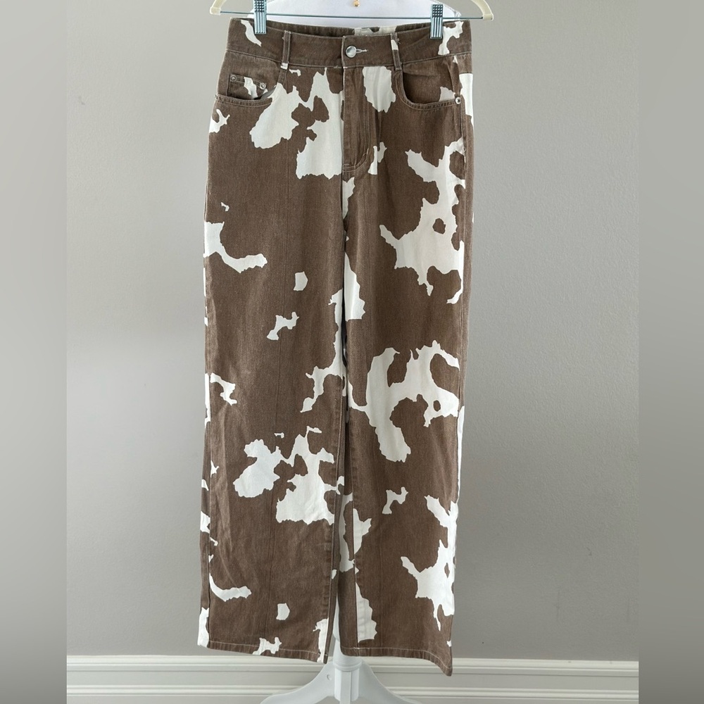 12th Tribe Brown Cow Print Western Jeans High Waist 100% Cotton Size M